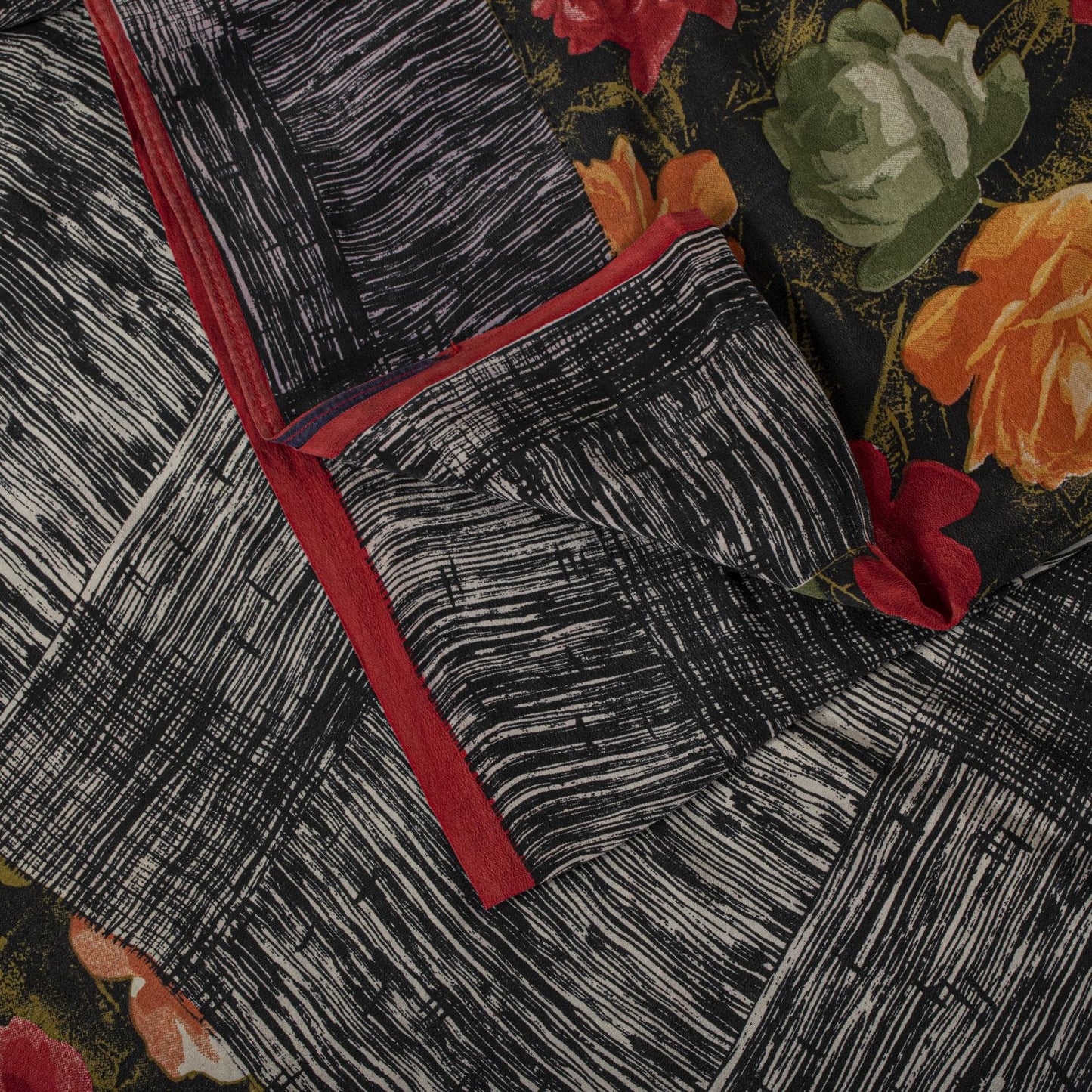 Sanskriti Vintage Saree Black Pure Crepe Silk Digital Print Sari 5.5Yard Fabric