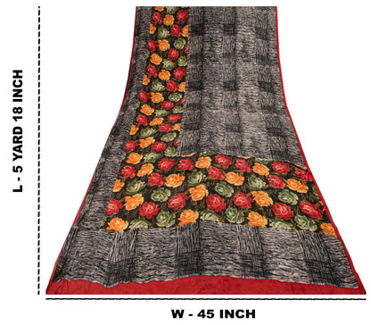 Sanskriti Vintage Saree Black Pure Crepe Silk Digital Print Sari 5.5Yard Fabric
