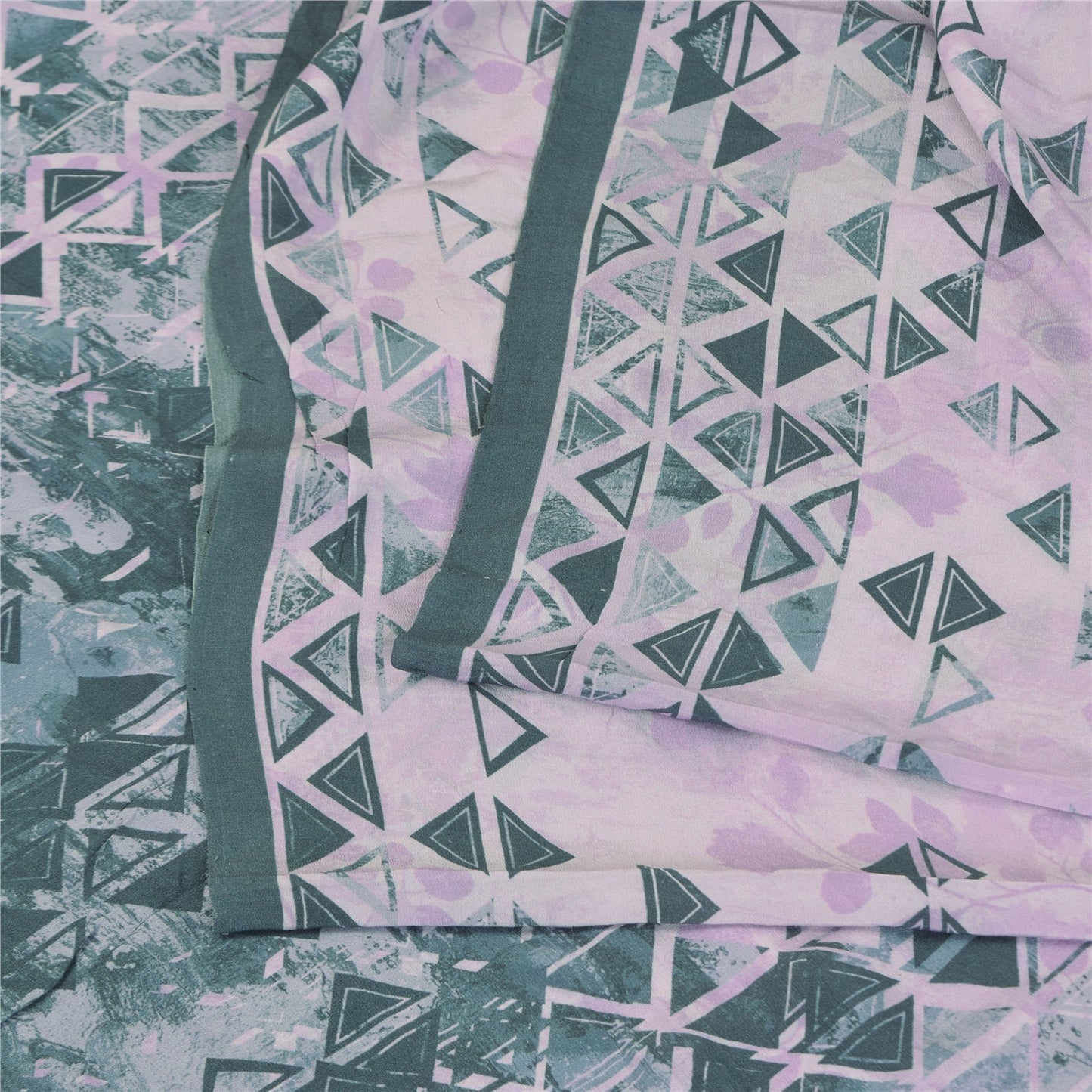 Sanskriti Vintage Sarees Lilac/Green Pure Crepe Printed Sari 5+yd Craft Sustainable Fabric