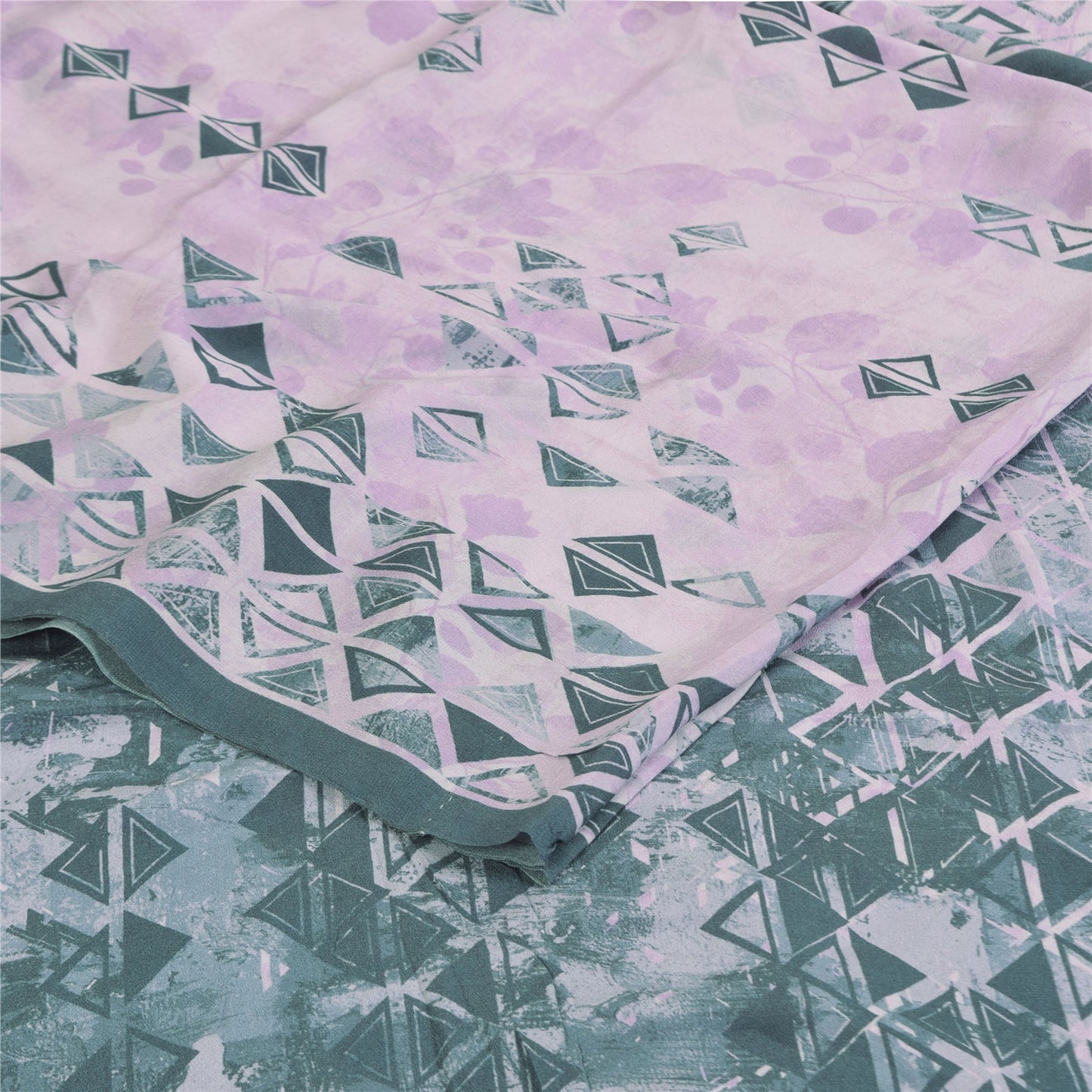 Sanskriti Vintage Sarees Lilac/Green Pure Crepe Printed Sari 5+yd Craft Sustainable Fabric