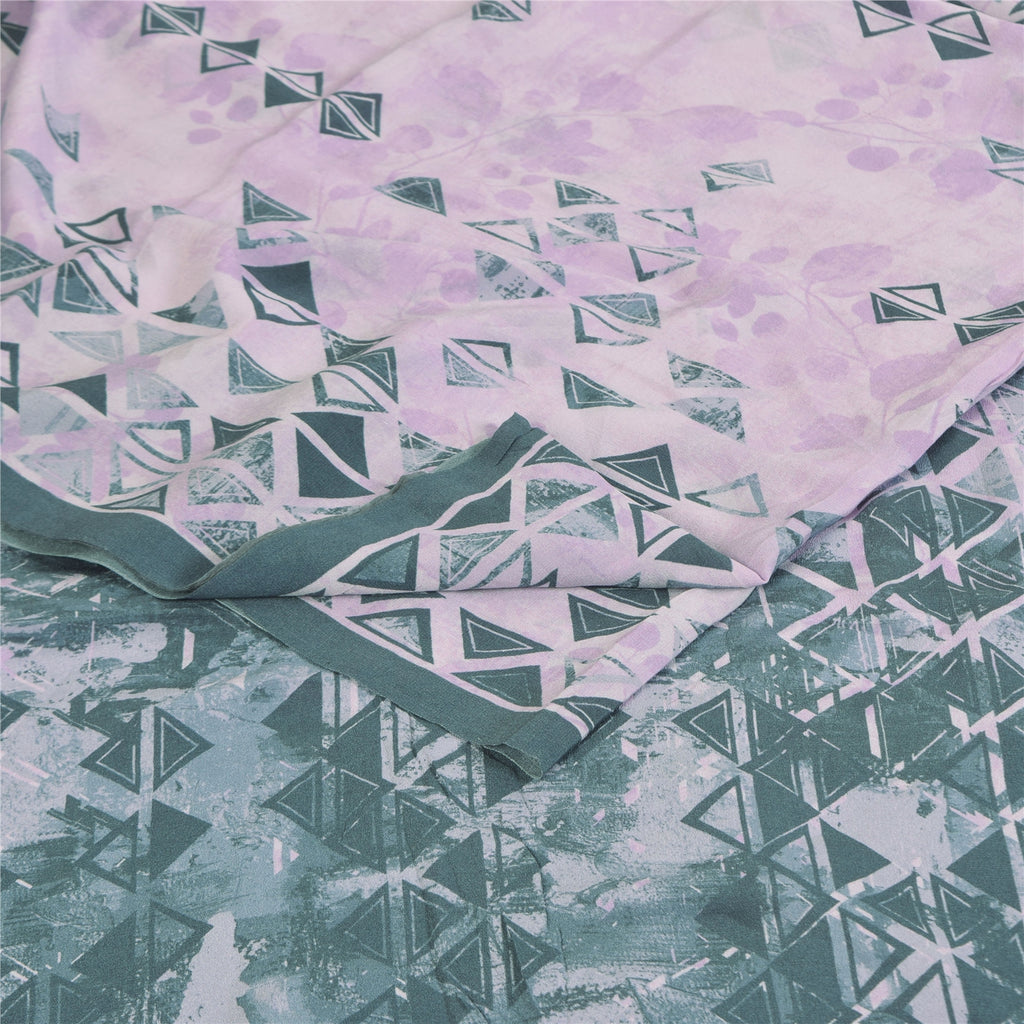 Sanskriti Vintage Sarees Lilac/Green Pure Crepe Printed Sari 5+yd Craft Sustainable Fabric