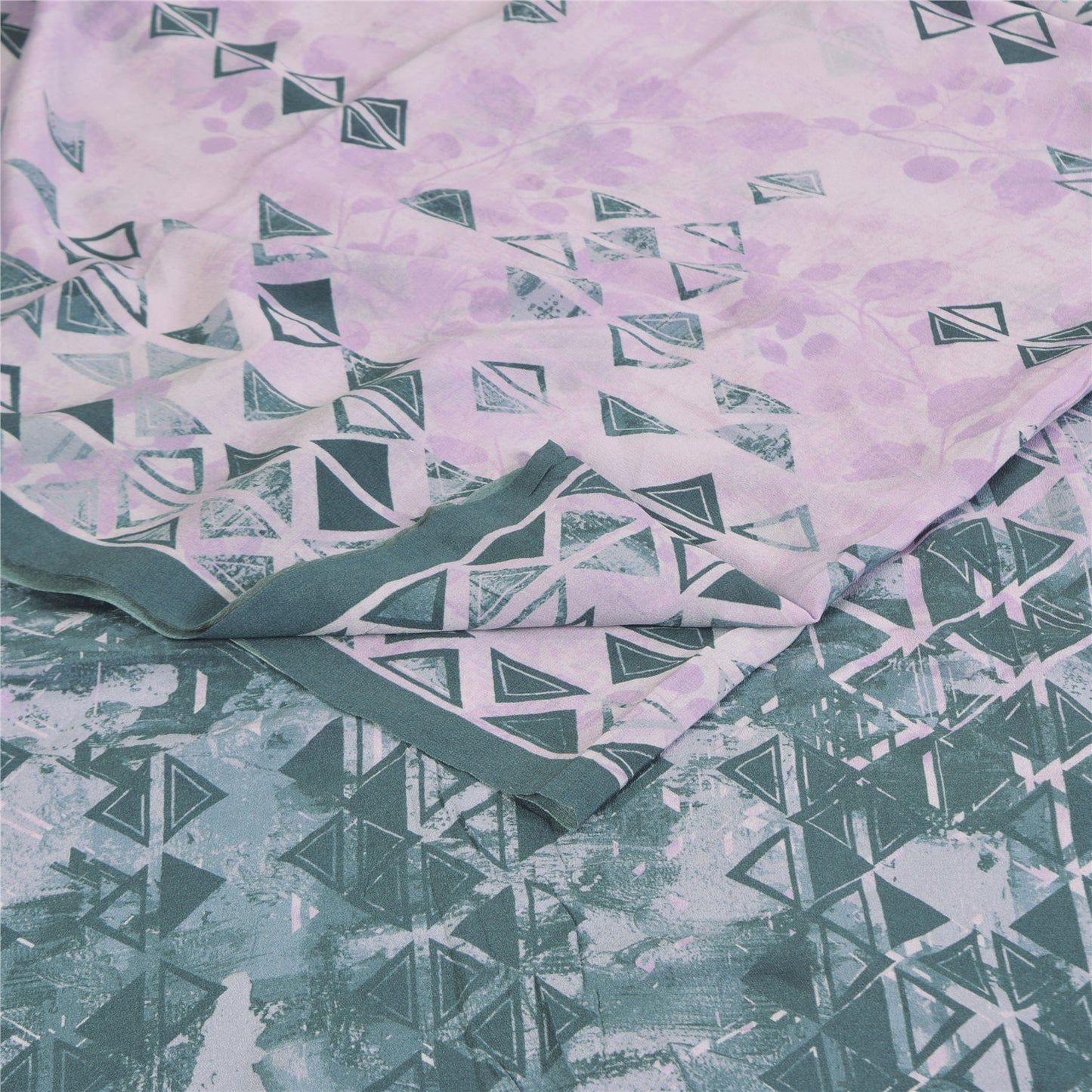 Sanskriti Vintage Sarees Lilac/Green Pure Crepe Printed Sari 5+yd Craft Sustainable Fabric