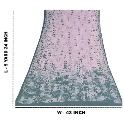 Sanskriti Vintage Sarees Lilac/Green Pure Crepe Printed Sari 5+yd Craft Sustainable Fabric
