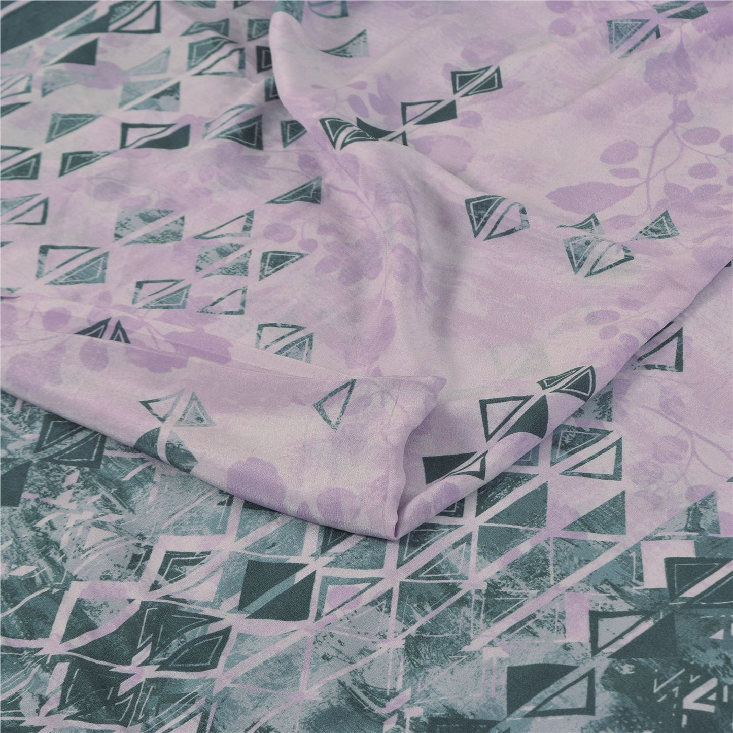 Sanskriti Vintage Sarees Lilac/Green Pure Crepe Printed Sari 5+yd Craft Sustainable Fabric