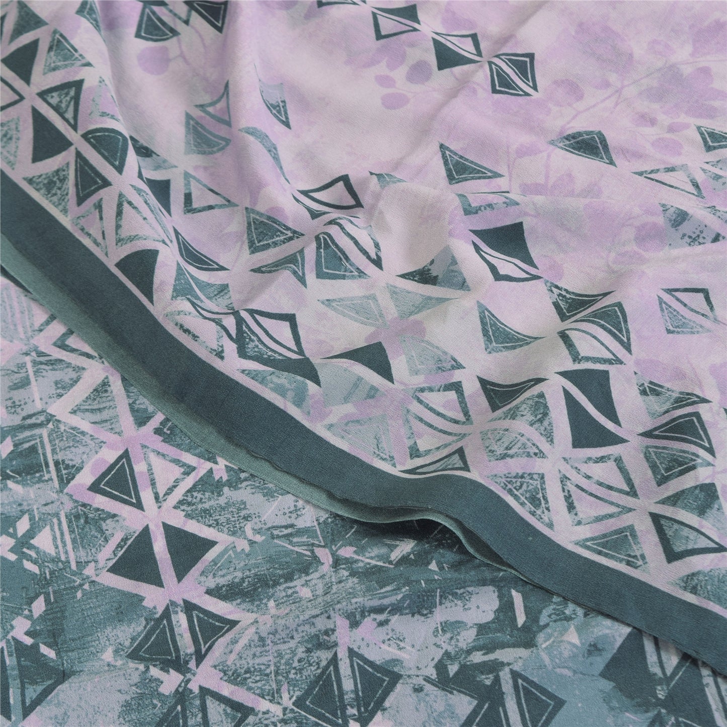 Sanskriti Vintage Sarees Lilac/Green Pure Crepe Printed Sari 5+yd Craft Sustainable Fabric