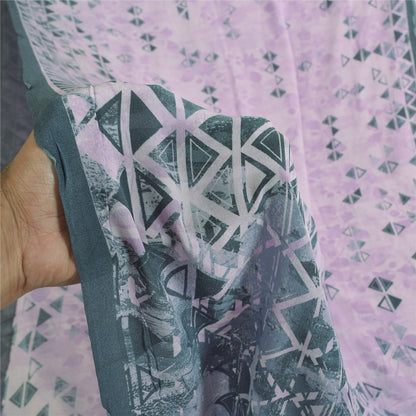 Sanskriti Vintage Sarees Lilac/Green Pure Crepe Printed Sari 5+yd Craft Sustainable Fabric