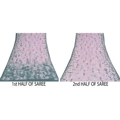 Sanskriti Vintage Sarees Lilac/Green Pure Crepe Printed Sari 5+yd Craft Sustainable Fabric