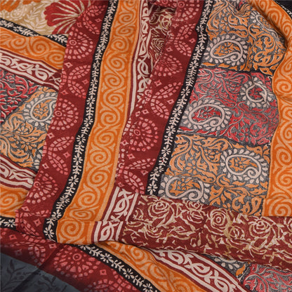 Sanskriti Vintage Sarees Dark Red Pure Crepe Silk Printed Sari 5+yd Craft Sustainable Fabric