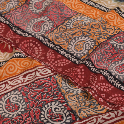 Sanskriti Vintage Sarees Dark Red Pure Crepe Silk Printed Sari 5+yd Craft Sustainable Fabric