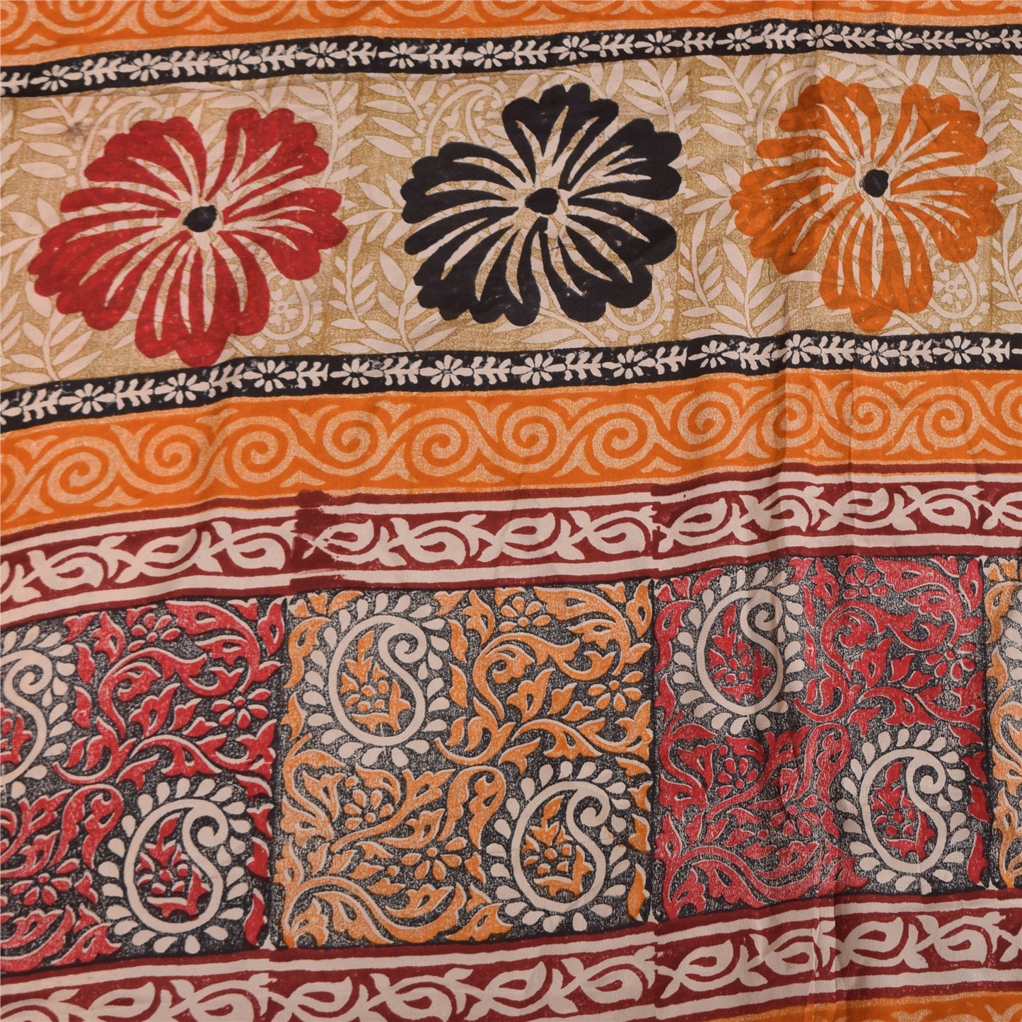 Sanskriti Vintage Sarees Dark Red Pure Crepe Silk Printed Sari 5+yd Craft Sustainable Fabric