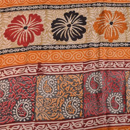 Sanskriti Vintage Sarees Dark Red Pure Crepe Silk Printed Sari 5+yd Craft Sustainable Fabric