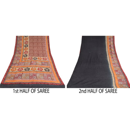 Sanskriti Vintage Sarees Dark Red Pure Crepe Silk Printed Sari 5+yd Craft Sustainable Fabric