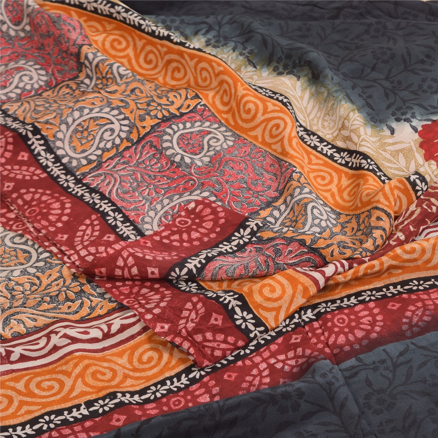 Sanskriti Vintage Sarees Dark Red Pure Crepe Silk Printed Sari 5+yd Craft Sustainable Fabric