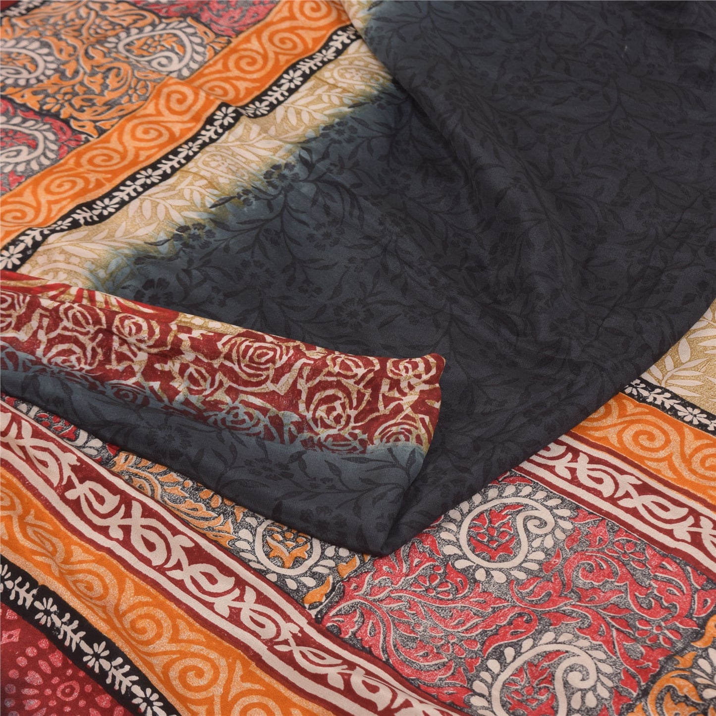 Sanskriti Vintage Sarees Dark Red Pure Crepe Silk Printed Sari 5+yd Craft Sustainable Fabric