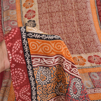 Sanskriti Vintage Sarees Dark Red Pure Crepe Silk Printed Sari 5+yd Craft Sustainable Fabric