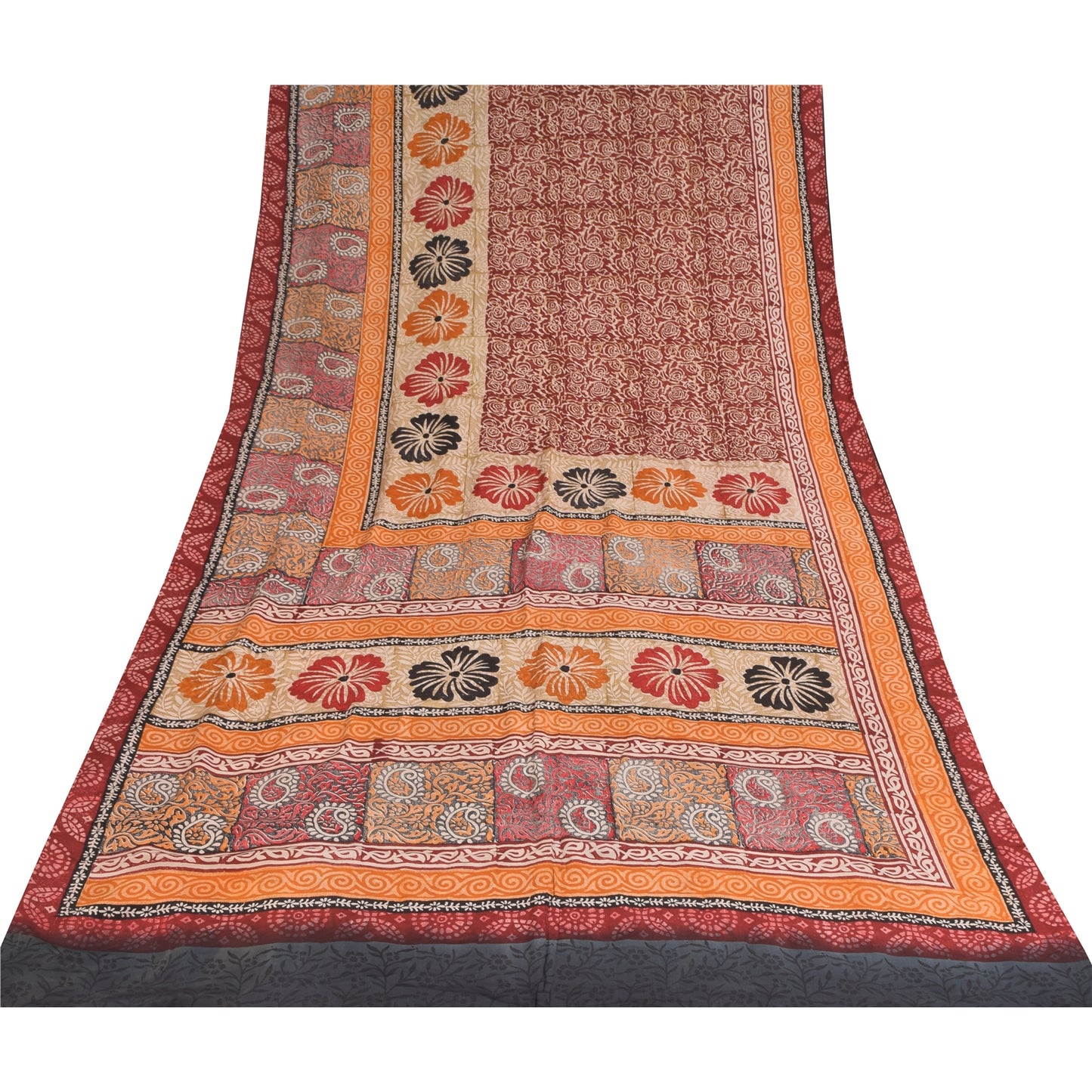 Sanskriti Vintage Sarees Dark Red Pure Crepe Silk Printed Sari 5+yd Craft Sustainable Fabric