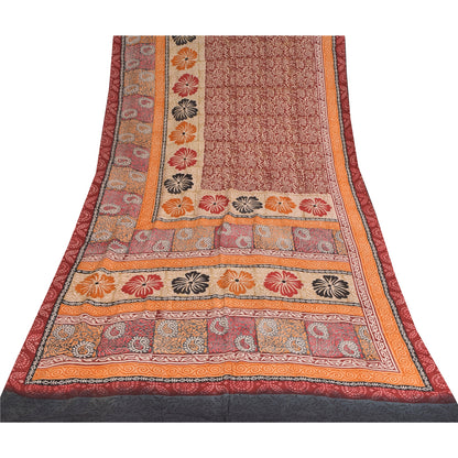 Sanskriti Vintage Sarees Dark Red Pure Crepe Silk Printed Sari 5+yd Craft Sustainable Fabric