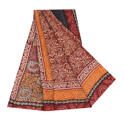 Sanskriti Vintage Sarees Dark Red Pure Crepe Silk Printed Sari 5+yd Craft Sustainable Fabric