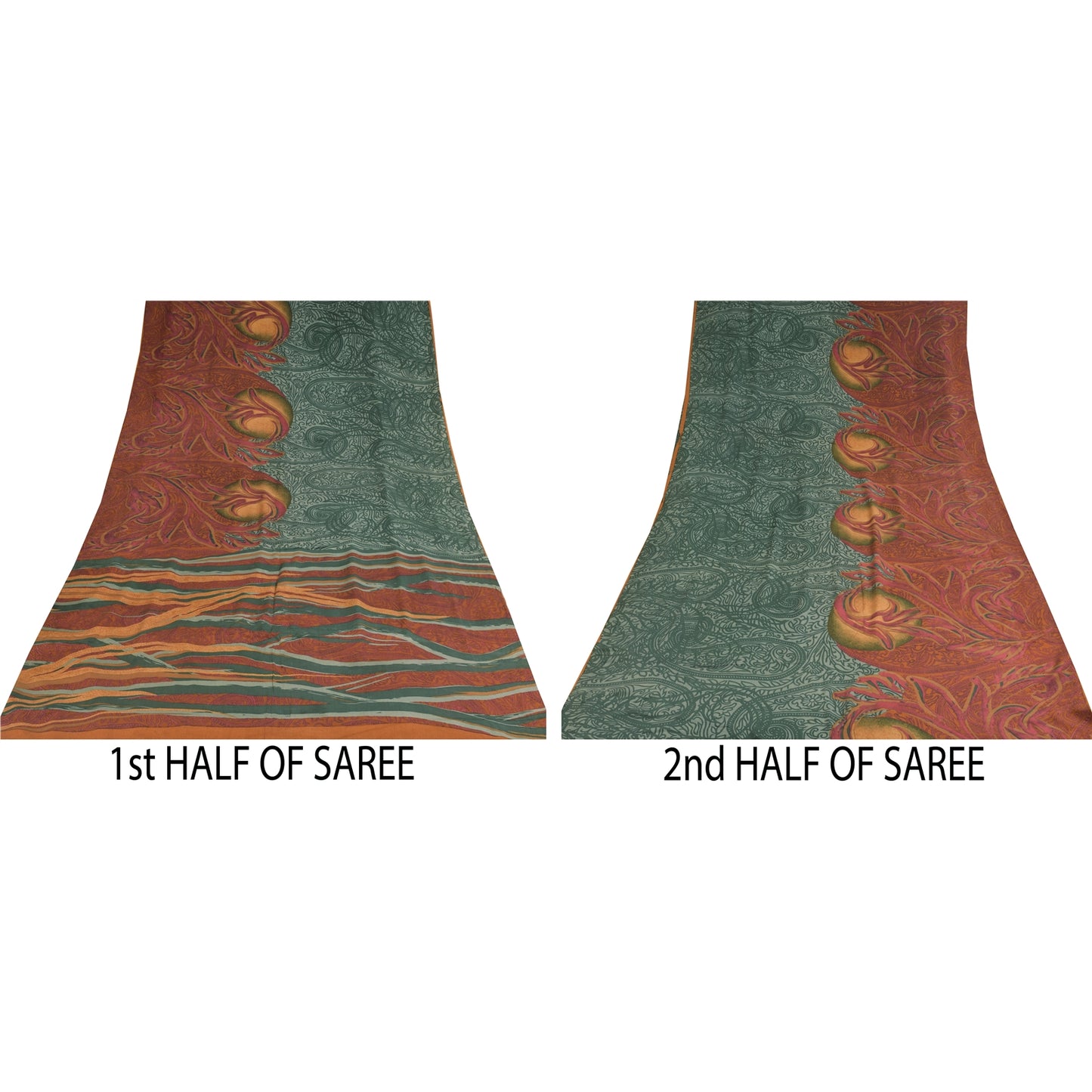 Сари Sanskriti Vintage, зеленое/оранжевое, чистый креп-шелк, напечатанное сари, 5+ ярдов, устойчивая ткань