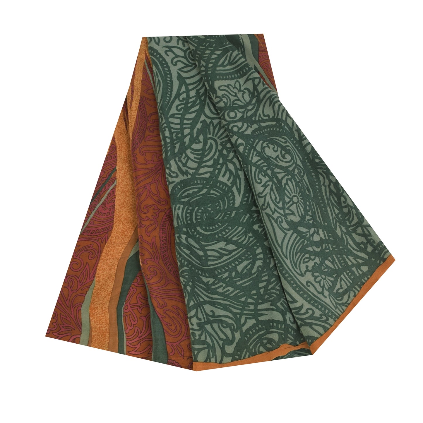 Сари Sanskriti Vintage, зеленое/оранжевое, чистый креп-шелк, напечатанное сари, 5+ ярдов, устойчивая ткань