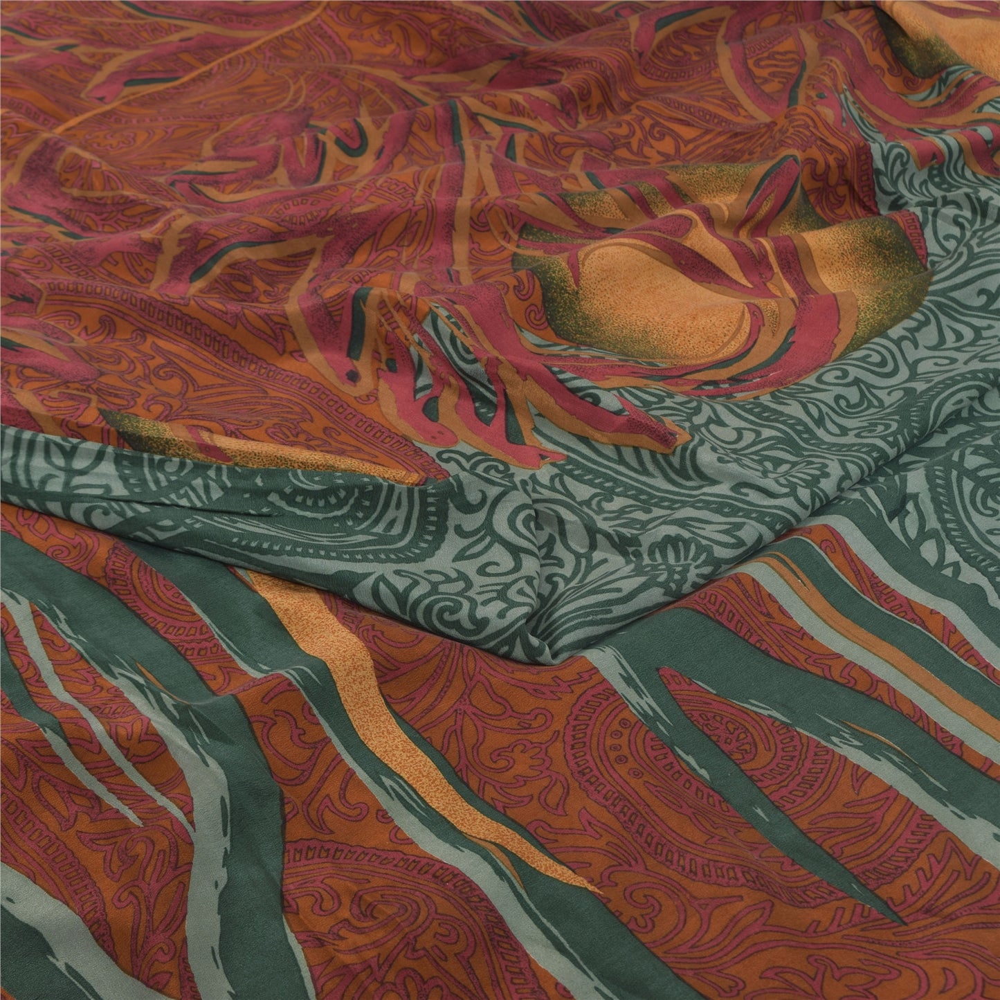Сари Sanskriti Vintage, зеленое/оранжевое, чистый креп-шелк, напечатанное сари, 5+ ярдов, устойчивая ткань