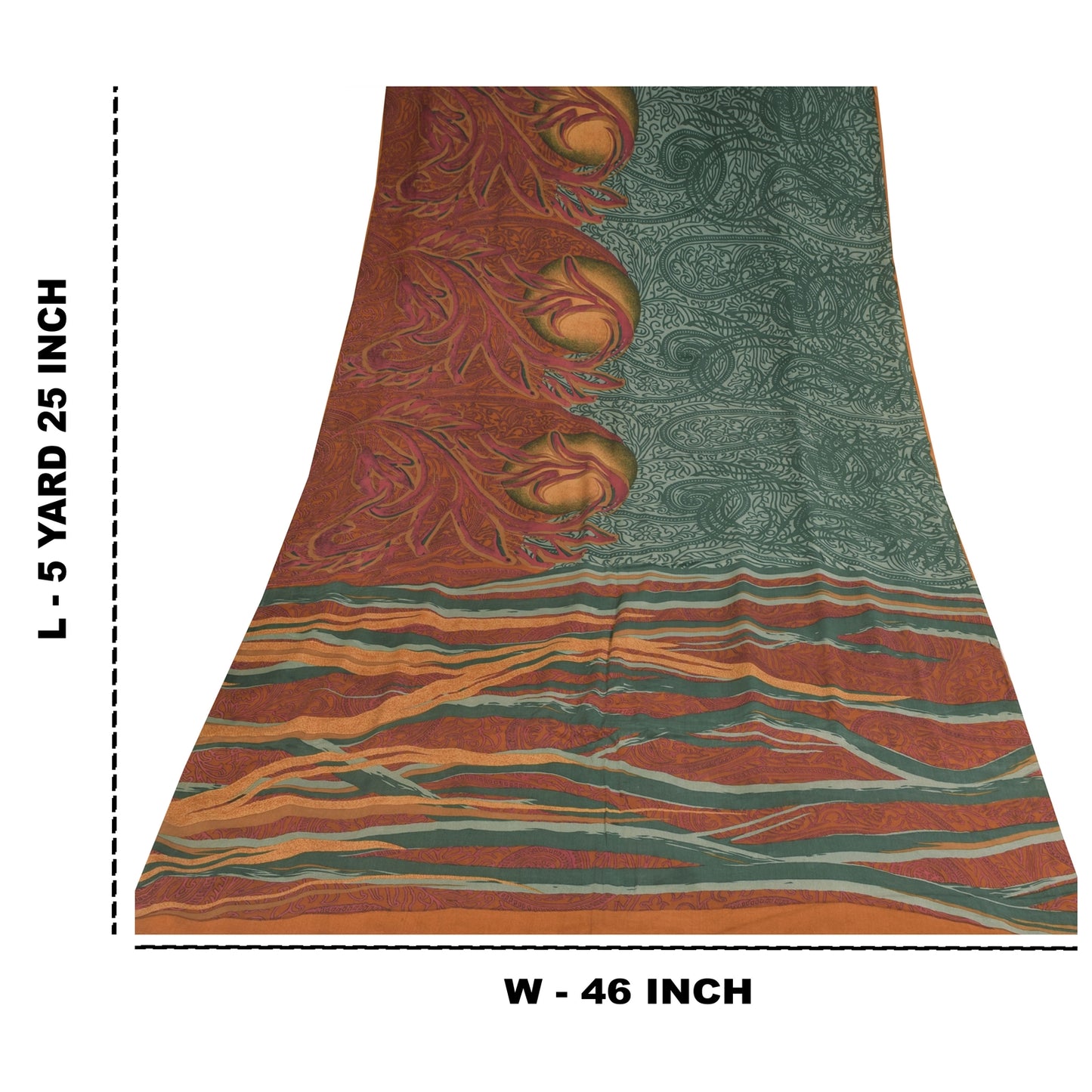 Сари Sanskriti Vintage, зеленое/оранжевое, чистый креп-шелк, напечатанное сари, 5+ ярдов, устойчивая ткань