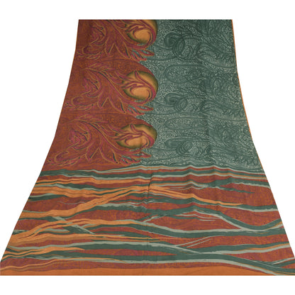 Сари Sanskriti Vintage, зеленое/оранжевое, чистый креп-шелк, напечатанное сари, 5+ ярдов, устойчивая ткань