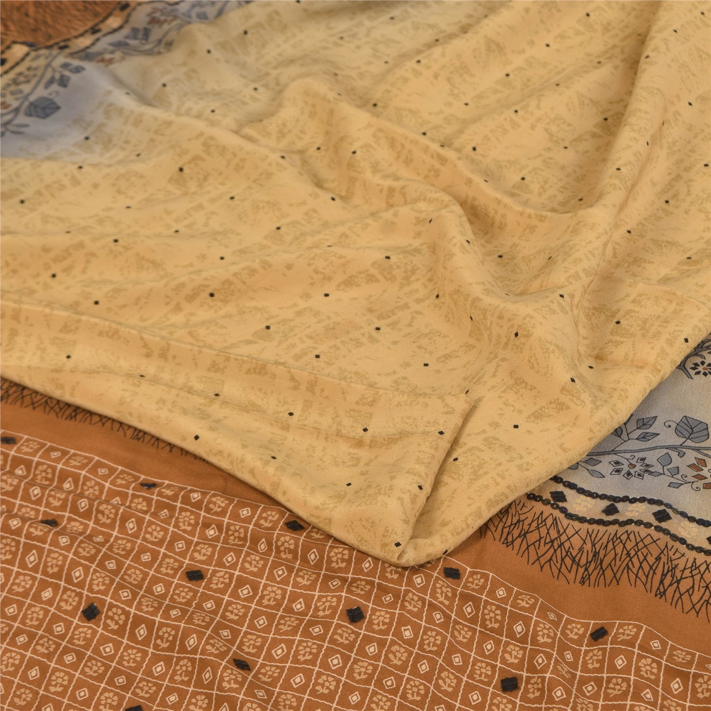 Sanskriti Vintage Sarees Cream Pure Crepe Silk Printed Sari 5+yd Craft Sustainable Fabric