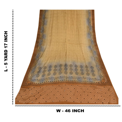 Sanskriti Vintage Sarees Cream Pure Crepe Silk Printed Sari 5+yd Craft Sustainable Fabric