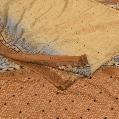 Sanskriti Vintage Sarees Cream Pure Crepe Silk Printed Sari 5+yd Craft Sustainable Fabric