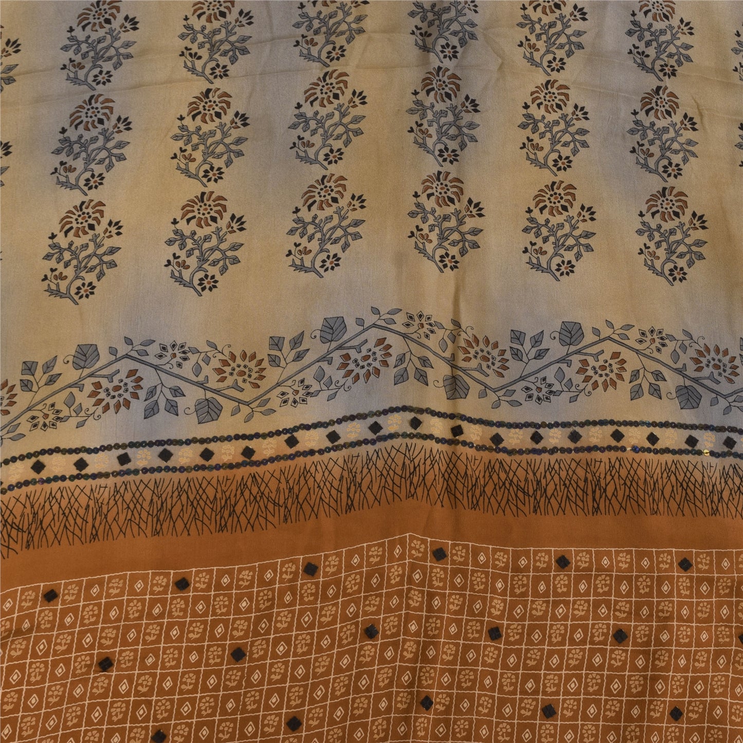 Sanskriti Vintage Sarees Cream Pure Crepe Silk Printed Sari 5+yd Craft Sustainable Fabric