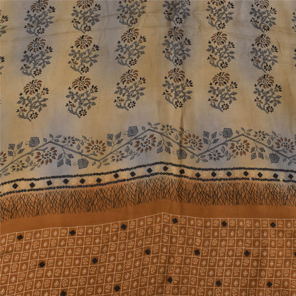 Sanskriti Vintage Sarees Cream Pure Crepe Silk Printed Sari 5+yd Craft Sustainable Fabric
