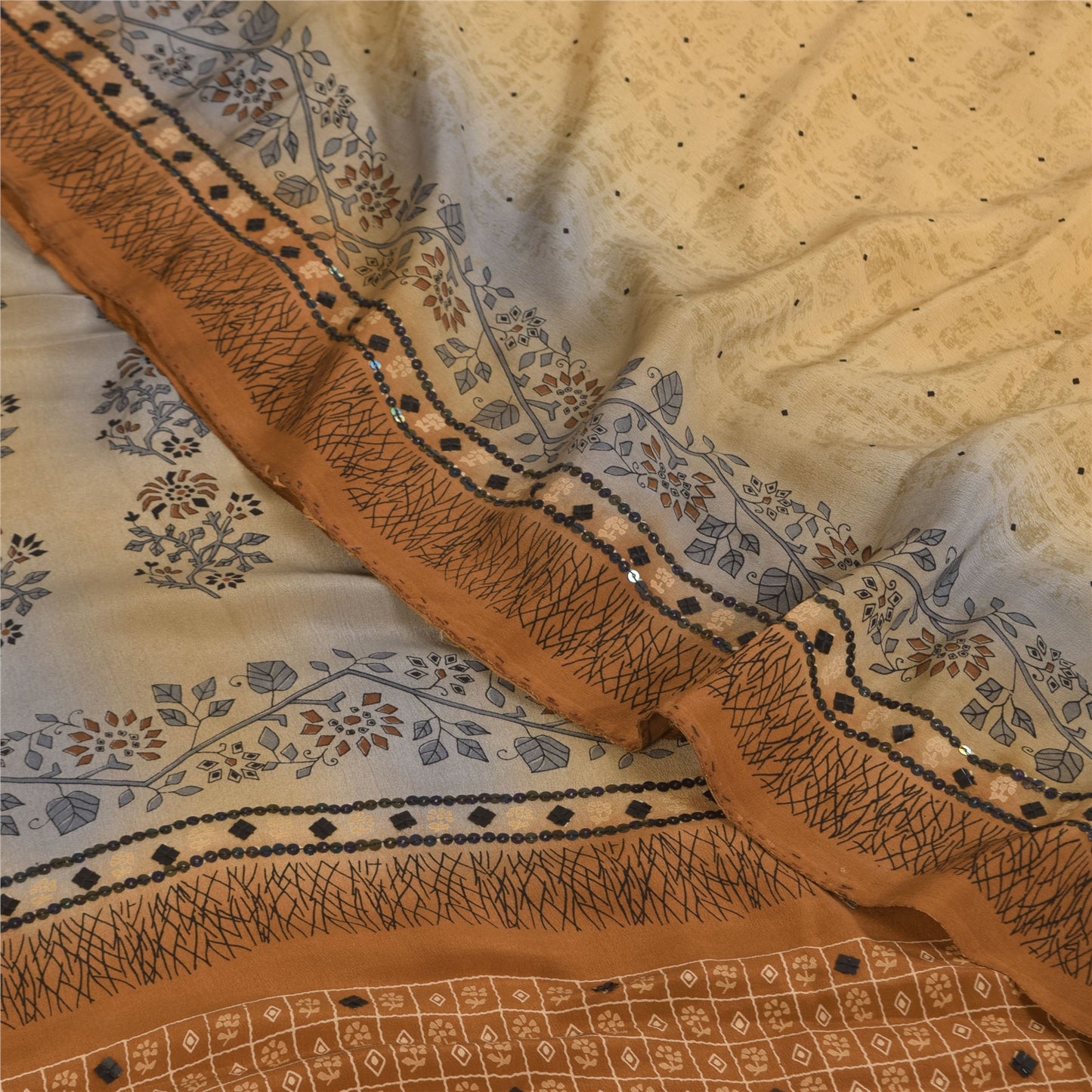 Sanskriti Vintage Sarees Cream Pure Crepe Silk Printed Sari 5+yd Craft Sustainable Fabric