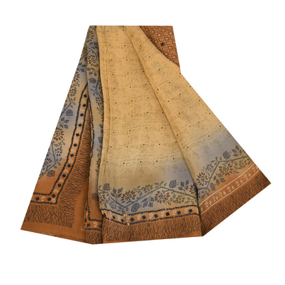 Sanskriti Vintage Sarees Cream Pure Crepe Silk Printed Sari 5+yd Craft Sustainable Fabric
