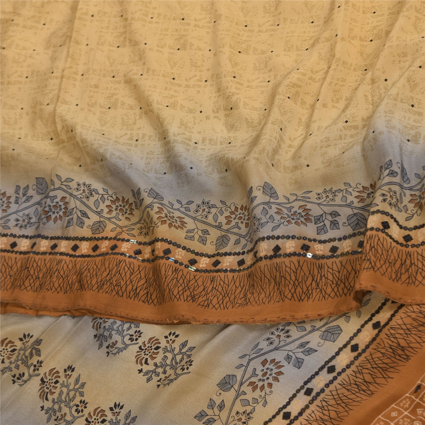 Sanskriti Vintage Sarees Cream Pure Crepe Silk Printed Sari 5+yd Craft Sustainable Fabric