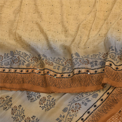 Sanskriti Vintage Sarees Cream Pure Crepe Silk Printed Sari 5+yd Craft Sustainable Fabric
