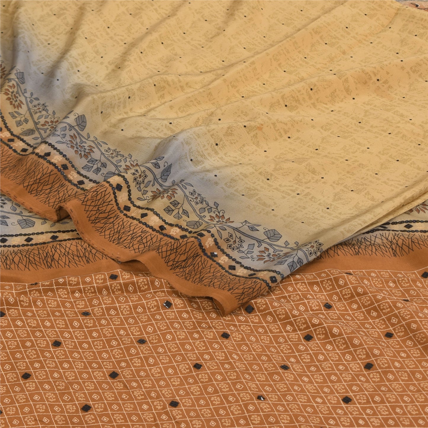 Sanskriti Vintage Sarees Cream Pure Crepe Silk Printed Sari 5+yd Craft Sustainable Fabric