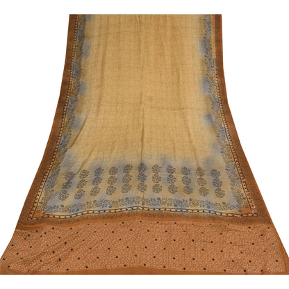 Sanskriti Vintage Sarees Cream Pure Crepe Silk Printed Sari 5+yd Craft Sustainable Fabric
