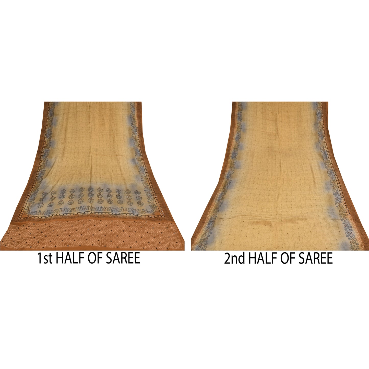 Sanskriti Vintage Sarees Cream Pure Crepe Silk Printed Sari 5+yd Craft Sustainable Fabric