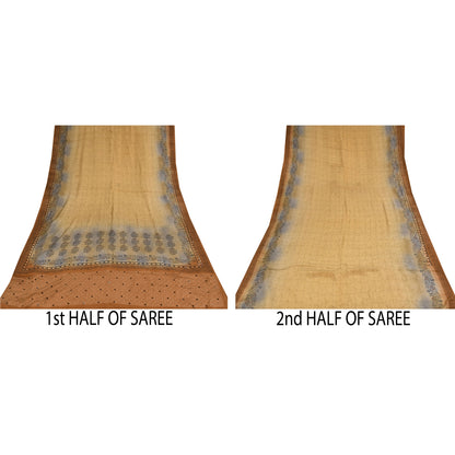 Sanskriti Vintage Sarees Cream Pure Crepe Silk Printed Sari 5+yd Craft Sustainable Fabric