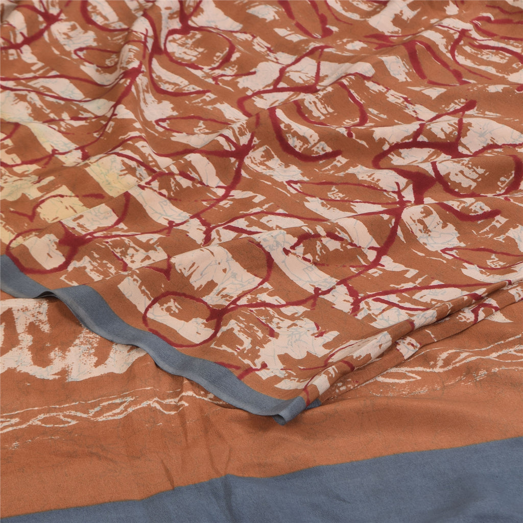 Сари из коричневого чистого крепа и батика с принтом санскритского винтажного сари 5+ ярдов из экологически чистой ткани для рукоделия