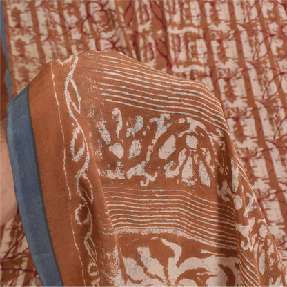 Сари из коричневого чистого крепа и батика с принтом санскритского винтажного сари 5+ ярдов из экологически чистой ткани для рукоделия