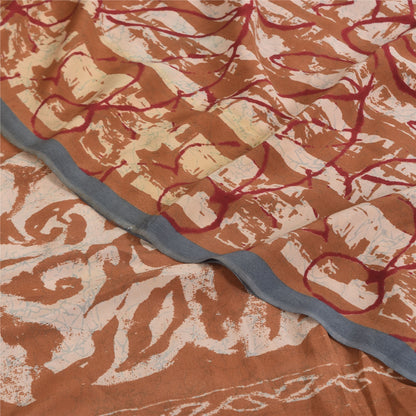 Сари из коричневого чистого крепа и батика с принтом санскритского винтажного сари 5+ ярдов из экологически чистой ткани для рукоделия