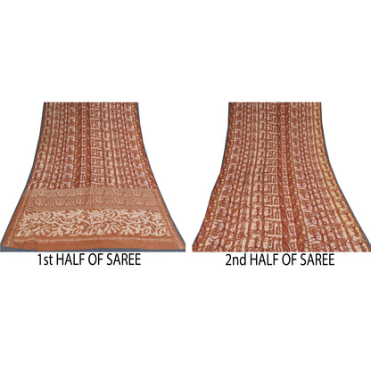 Сари из коричневого чистого крепа и батика с принтом санскритского винтажного сари 5+ ярдов из экологически чистой ткани для рукоделия