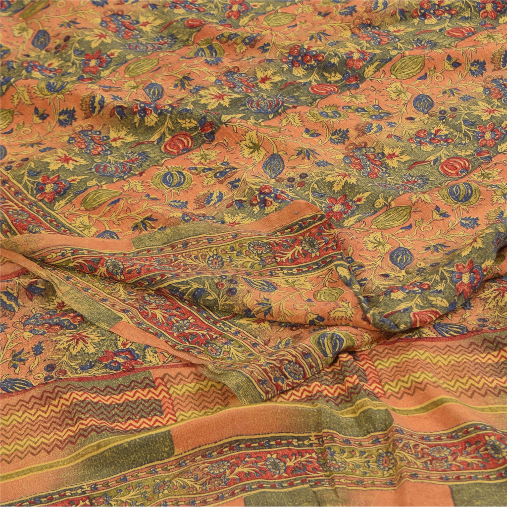 Sanskriti Vintage Sarees Peach/Green Pure Crepe Printed Sari 5+yd Craft Sustainable Fabric