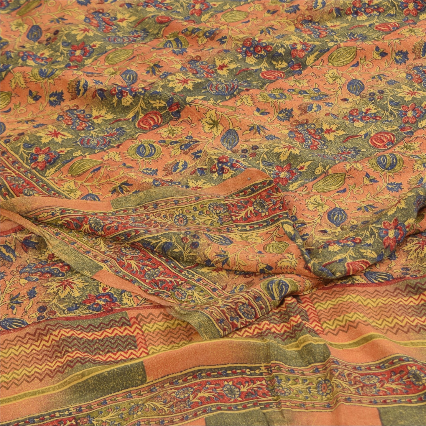 Sanskriti Vintage Sarees Peach/Green Pure Crepe Printed Sari 5+yd Craft Sustainable Fabric