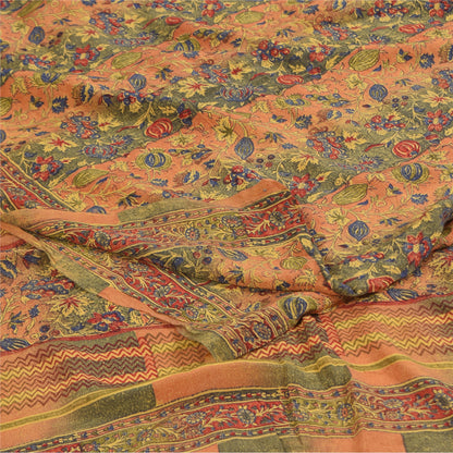 Sanskriti Vintage Sarees Peach/Green Pure Crepe Printed Sari 5+yd Craft Sustainable Fabric