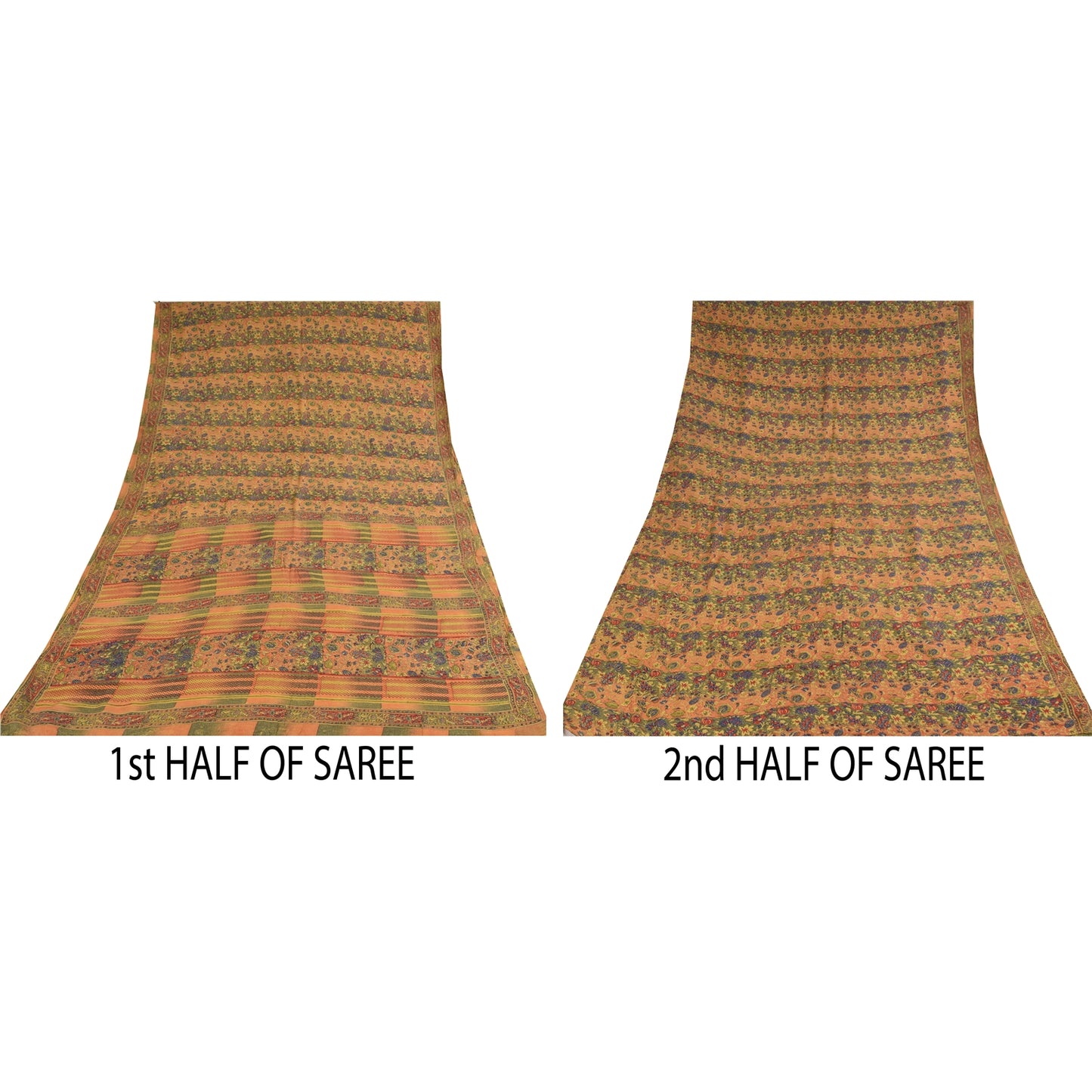 Sanskriti Vintage Sarees Peach/Green Pure Crepe Printed Sari 5+yd Craft Sustainable Fabric