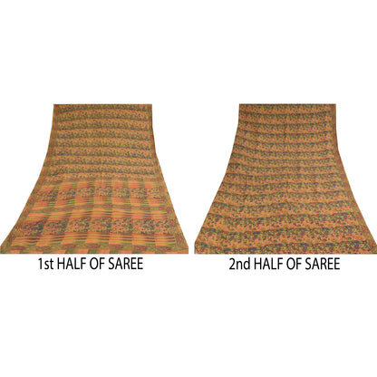 Sanskriti Vintage Sarees Peach/Green Pure Crepe Printed Sari 5+yd Craft Sustainable Fabric