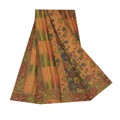 Sanskriti Vintage Sarees Peach/Green Pure Crepe Printed Sari 5+yd Craft Sustainable Fabric